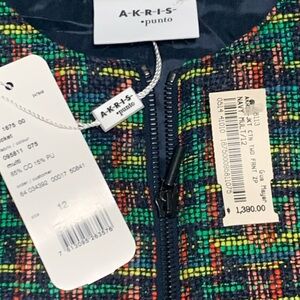 NWT  Akris Punto Navy and Green Multicolor Textured Jacket size 10